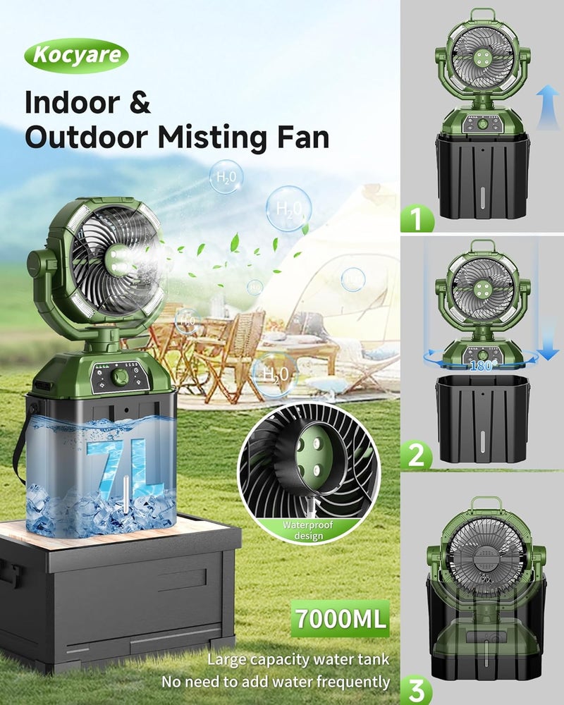 Kocyare Misting fan with 7L bucket 90°Oscillating ,4 Spray Mister 25000mAh Rechargeable Camping fan with Remote Control Stepless Speed and Timer for Patios/Camping，Waterproof Design Outdoor Fans (Green) - Image 2